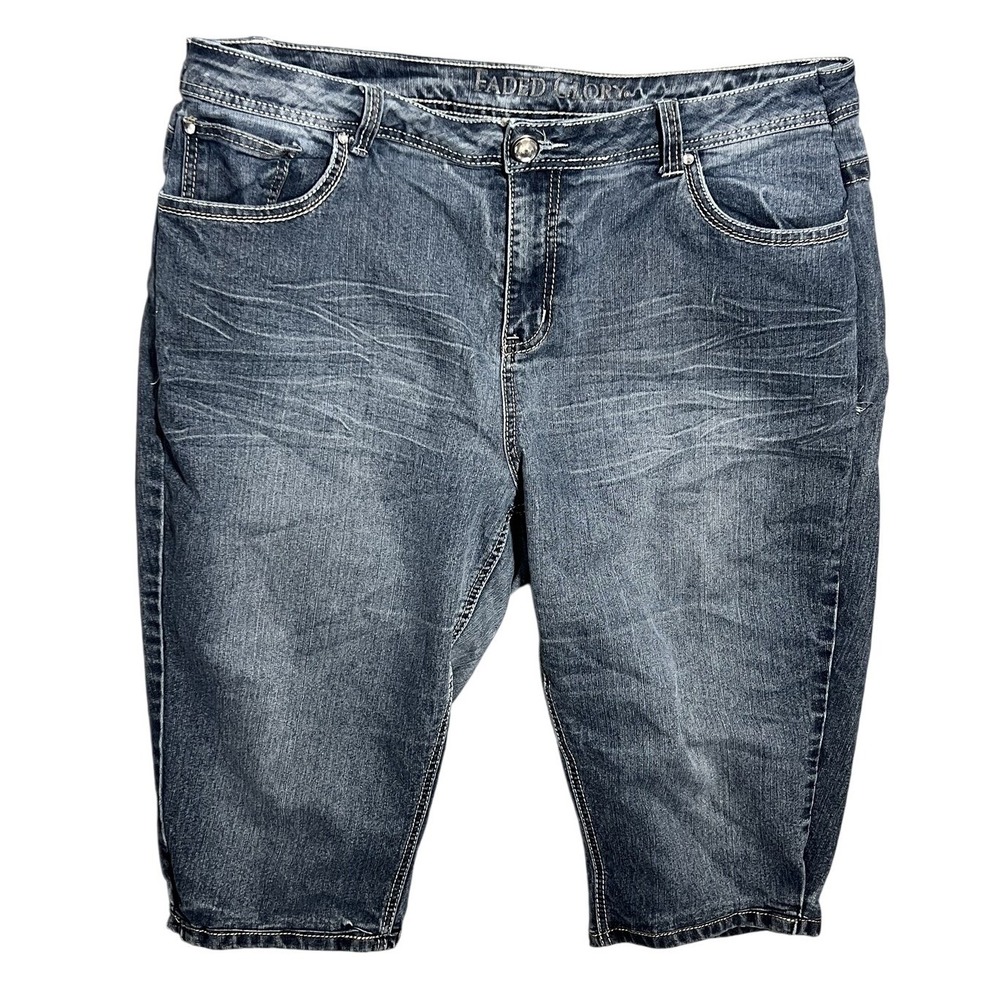 Faded Glory Women's Plus Size 22W Dark‎ Wash Denim Capri Shorts Embroidered